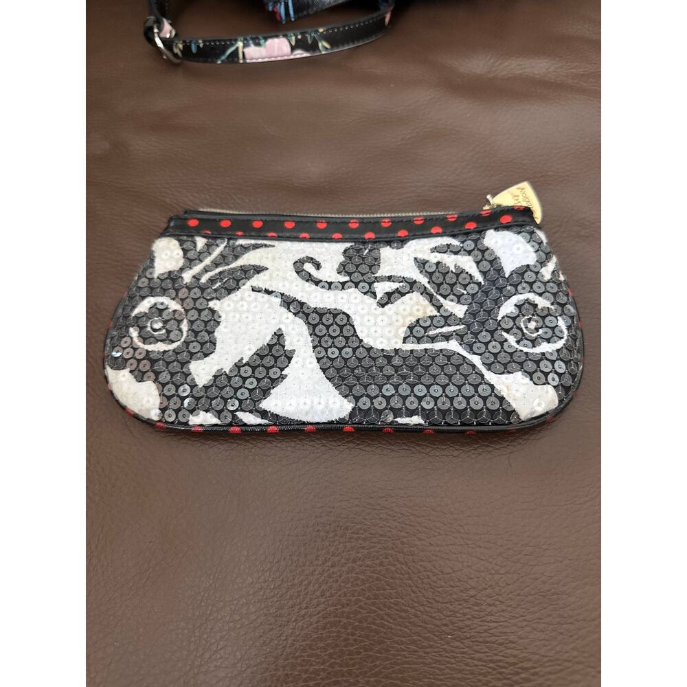 Betsey‎ Johnson Sequin Pouch — Black & White Damask Floral, Red Polka Dot Trim - Picture 3 of 4